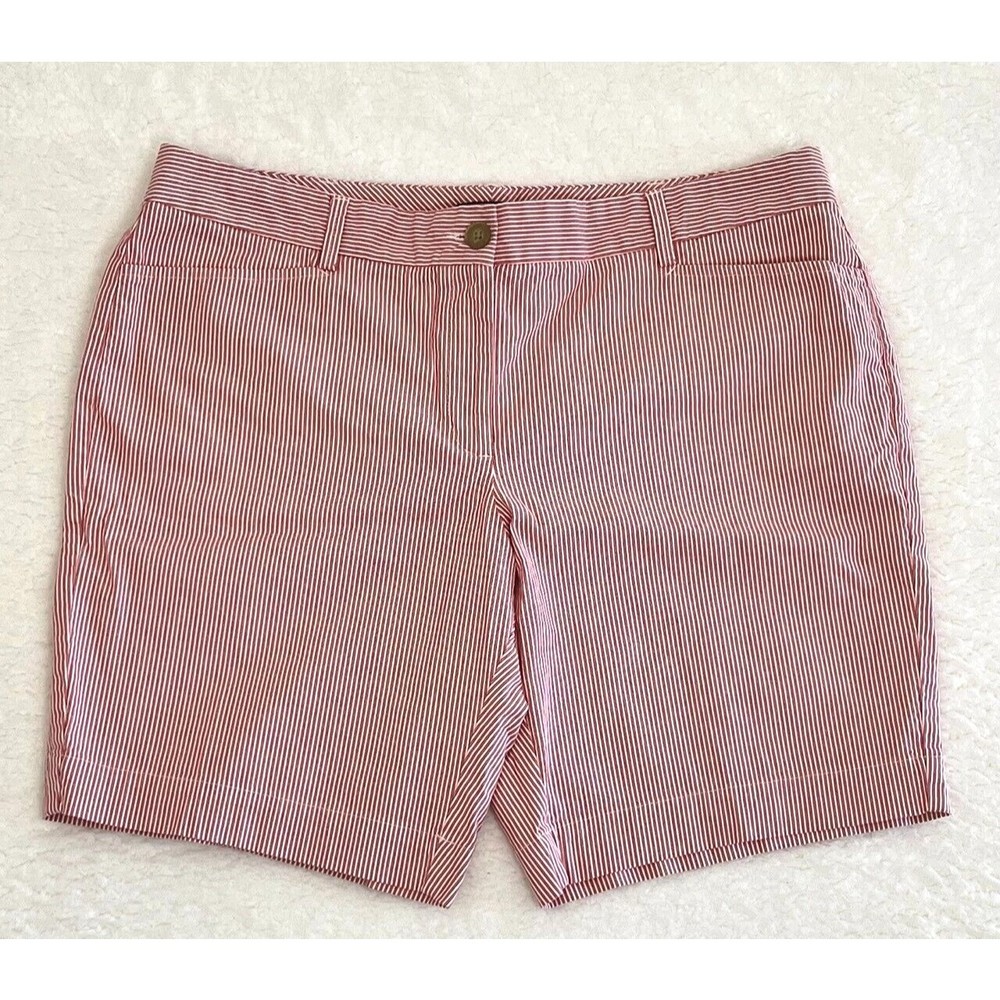 Lands' End Womens 16P Mid-Rise 4-Pocket Red Striped Shorts Stretch